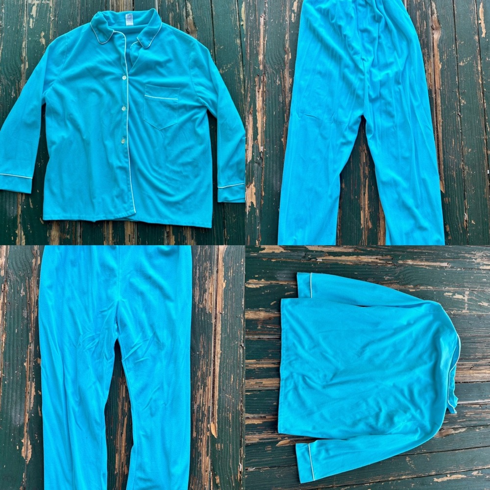 Vintage Turquoise Brushed‎ Pajama Set Blue Long Sleeve Button Down Pants Size 36